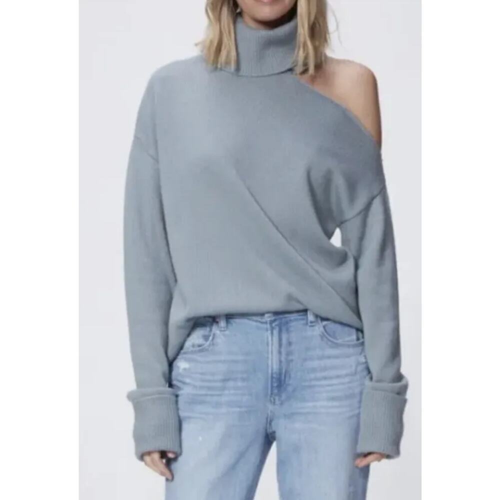 PAIGE Raundi Cutout Shoulder Sweater Stone Blue Size S